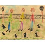 Manner of Lowry, colourful figures in an open space, crayon, bears signature, 8" x 11.5".