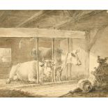 Jan Kobell (19th Century) Dutch, a barnyard scene, ink and watercolour, signed, 9.25" x 11", along