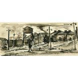 F. Underwood, 'Railway Sheds' ink and wash, signed and inscribed on mount, 5" x 11.25".