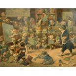 After Louis Wain, 19th Century, Dogs misbehaving in a classroom, a chromolithograph, 11.75" x 15.