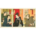 A Japanese Meiji period wood block print triptych, Kunichika Toyohara (1835-1900) The Kabuki theatre