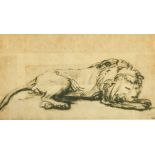 After Rembrandt, a lithograph print of a resting lion, 4" x 7.5".