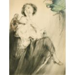 Fernand Toussaint (1873-1955), an elegant lady with a parrot and a monkey, lithograph, signed, 17.
