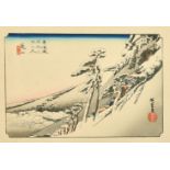 Ando Hiroshige (1797-1858) Japan, figures carrying items up a snowy mountainside, woodcut, 6.5" x