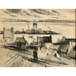 Jacques Petit, A stylized harbour view, charcoal, signed, 16.5" x 20.5".