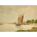 William Tatton Winter (1855-1928) British, A Sailing boat on a river near a jetty, signed, 12.75"