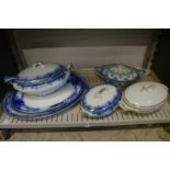 Blue and white tureens, dishes etc.