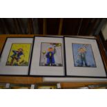 A set of three pictures depicting clowns.