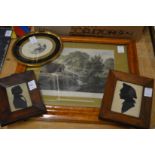 Two framed silhouettes and two engravings.