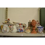 Decorative china to include Masons ironstone jug, graduated set of three Indian Tree pattern jugs,