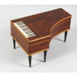A VERY GOOD MAHOGANY PIANO MUSICAL SEWING BOX with mirror in the lid and fitted interior with