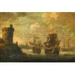 18TH CENTURY SCHOOL, POSSIBLY DUTCH. Ships approaching a fortified harbour, oil on canvas, 5.75" x