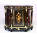 A GOOD 19TH CENTURY FRENCH EBONY AND MAHOGANY CREDENZA marquetry panel to the front glass bowed