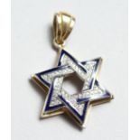 AN 18CT, GOLD, DIAMOND AND SAPPHIRE SET STAR OF DAVID PENDANT.