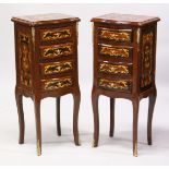 A PAIR OF FRENCH STYLE MAHOGANY AND MARQUETRY INLAID FOUR DRAWER BEDSIDE TABLES. 2ft 7ins high x 1ft