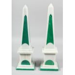 A PAIR OF GREEN MARBLE AND MALACHITE OBELISKS. 16ins high.