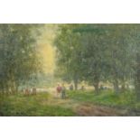 WILLIAM MASON (1906-2002). Figures walking in a park, oil on canvas. Signed with initials, 12" x
