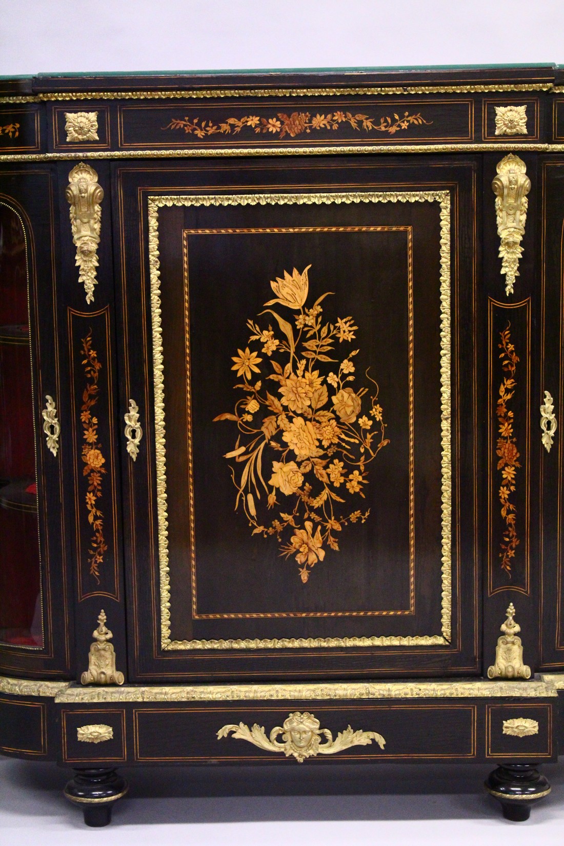 A GOOD 19TH CENTURY FRENCH EBONY AND MAHOGANY CREDENZA marquetry panel to the front glass bowed - Image 2 of 8