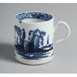A BOW COFFEE CUP painted in underglaze blue with tall rocks and a bridge.