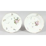 A GOOD PAIR OF MEISSEN CIRCULAR PLATES sprigged and painted with flowers. Cross swords mark in blue.