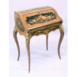 A VERY GOOD 19TH CENTURY KINGWOOD AND MAHOGANY BUREAU with brass grill, shaped fall front, fitted