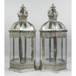 A PAIR OF SILVERED LANTERNS. 2ft high.