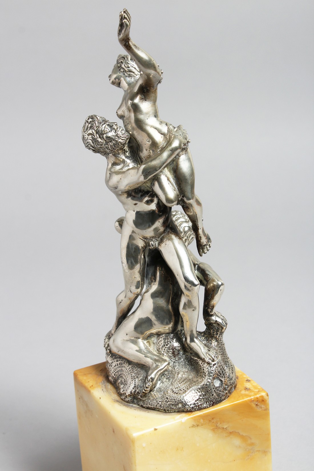 A SUPERB SILVER GROUP OF A CLASSICAL SCENE, TWO MEN AND A NUDE. 10ins high on a marble base. - Image 5 of 10