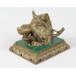 A GOOD BRONZE AND MALACHITE BOAR'S HEAD INKSTAND. 7ins long.