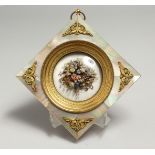 A SUPERB PALAIS ROYAL FRAMED MINIATURE BOUQUET OF FABRIC FLOWERS in a mother of pearl frame, with