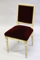 A LOUIS XVI STYLE PAINTED AND GILDED SINGLE CHAIR with padded back and seat on fluted legs.