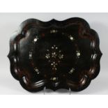 A LARGE VICTORIAN BLACK PAPIER MACHE TRAY with mother of pearl inlay. 30ins x 23 ins.