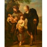 FOLLOWER OF BENJAMIN WEST. 'The Mendicants' Figures on a path with a fortified town beyond, oil on