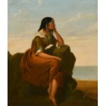19TH CENTURY CONTINENTAL SCHOOL. A young woman seated on rocks looking out to sea, oil on canvas,