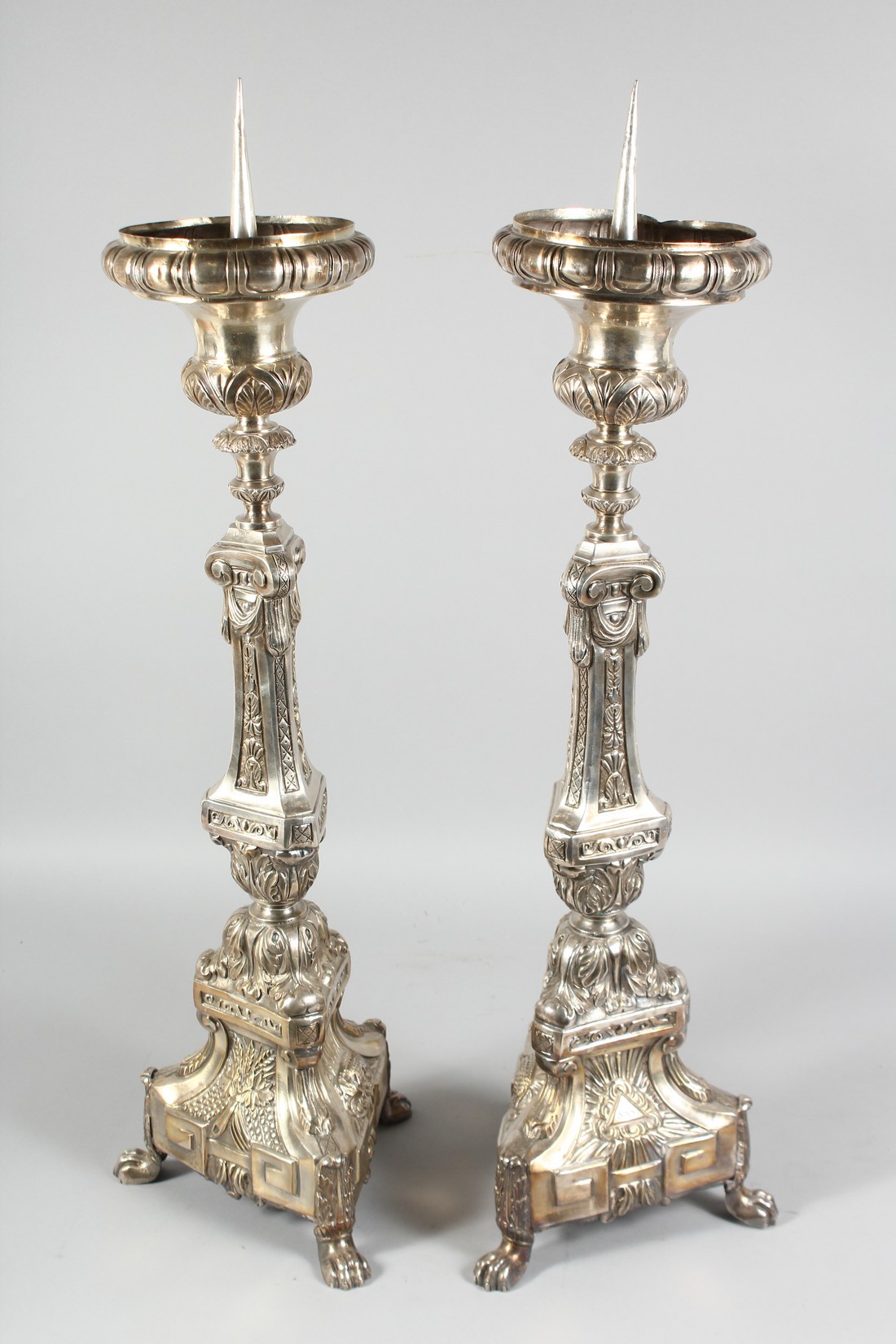 A GOOD PAIR OF CONTINENTAL SILVER PLATE PRICKET CANDLESTICKS. 30ins high. - Image 3 of 3