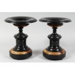 A VERY GOOD PAIR OF 19TH CENTURY BLACK MARBLE AND FLUORSPAR TAZZAS. 11ins high.