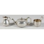 A GOOD VICTORIAN GOLDSMITH ALLIANCE BATCHELOR’S TEA SET with engraved decoration, comprising TEAPOT,