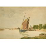 WILLIAM TATTON WINTER (1855-1928) British. A Sailing boat on a river near a jetty. Signed, 12.75"