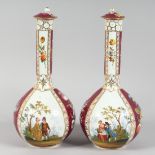 A PAIR OF AUGUSTUS REX DRESDEN BOTTLE VASES AND COVERS with panels of figures and flowers Mark in