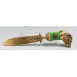A SUPERB RUSSIAN SILVER GILT AND ENAMEL LETTER OPENER with boar's head, set with diamonds. Faberge