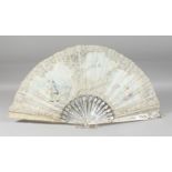 A GOOD VICTORIAN MOTHER OF PEARL AND LACE FAN painted with figures. 26ins open, in a box. J