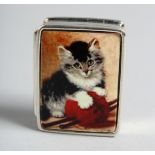 A SILVER PILL BOX the enamel top with a cat. 1.25ins