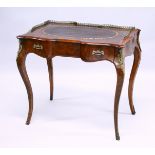 A SMALL LOUIS XVI STYLE MAHOGANY INLAID BUREAU PLAT with brass gallery and inset oval leather panel,