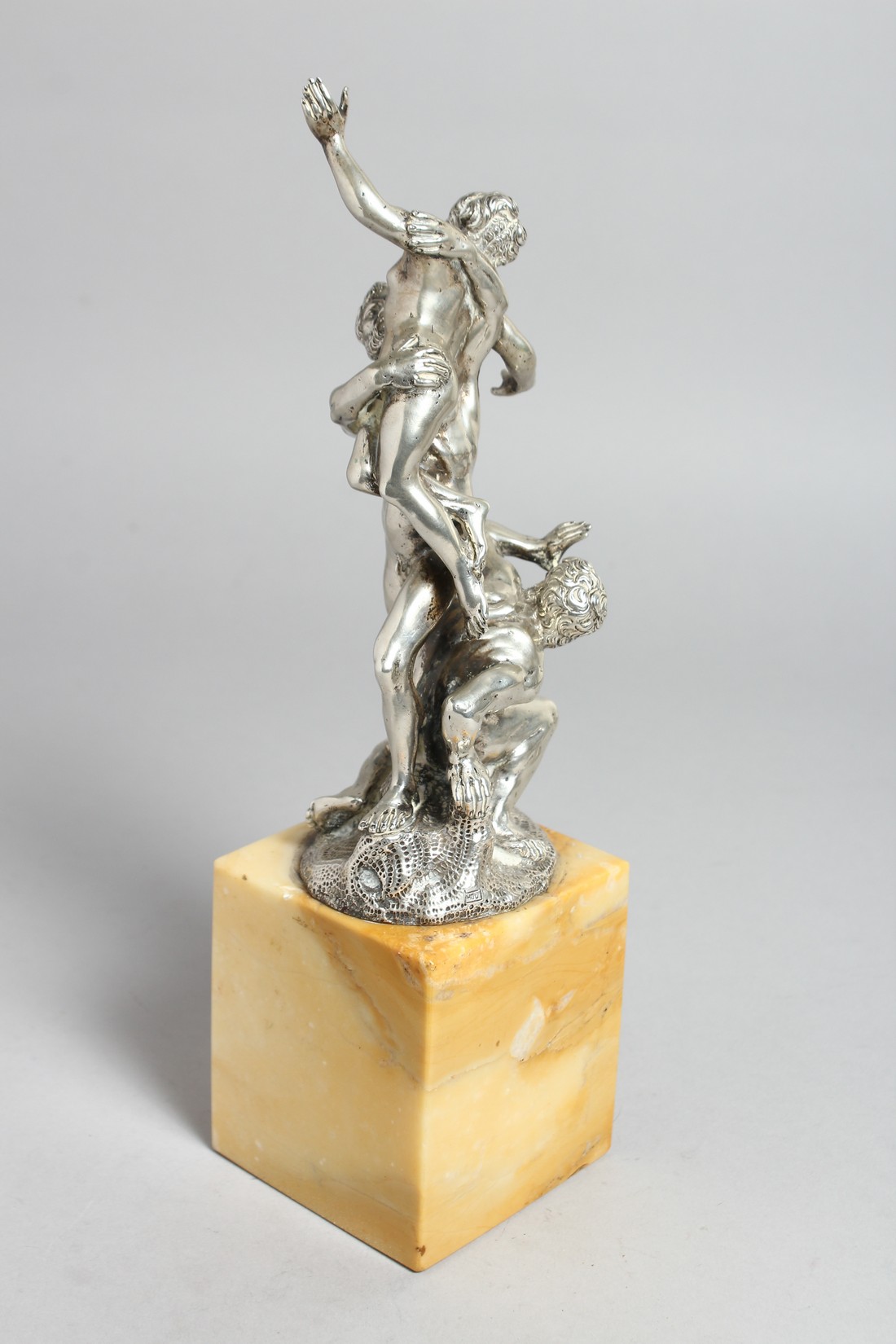 A SUPERB SILVER GROUP OF A CLASSICAL SCENE, TWO MEN AND A NUDE. 10ins high on a marble base. - Image 8 of 10