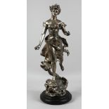 HENRY KOSSOWSKI, A WHITE METAL FIGURE OF A YOUNG GIRL standing on a dolphin. 26ins high.