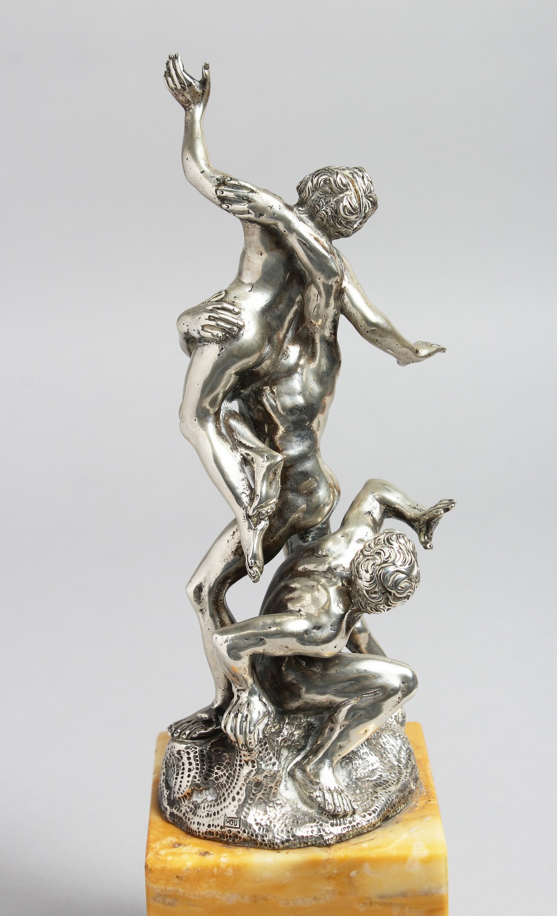 A SUPERB SILVER GROUP OF A CLASSICAL SCENE, TWO MEN AND A NUDE. 10ins high on a marble base. - Image 3 of 10