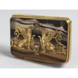 A SUPERB RUSSIAN SILVER GILT, AGATE AND DIAMOND SET BOX. The lid fitted with winged animals, crown