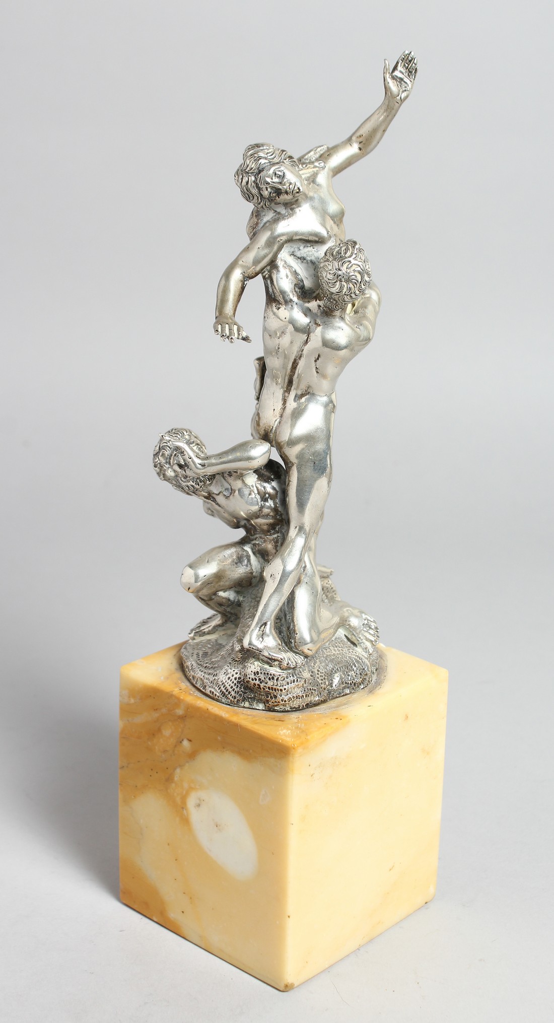 A SUPERB SILVER GROUP OF A CLASSICAL SCENE, TWO MEN AND A NUDE. 10ins high on a marble base. - Image 6 of 10