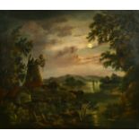 CIRCLE OF PETHER. 19th Century, a moonlit view of a mill by a river with sailboats beyond. Oil on