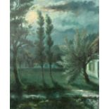 RENE TASSOUL. (b. 1887) Belgian, A moonlit scene by a stream with trees and a house beyond, oil on
