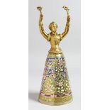 A GOOD VIENNA GILDED METAL AND GLASS WAGER CUP as a young lady with outstretched arms, the glass